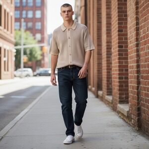 Corridor New York Mens Beige Ribbed Knit Pima Cotton Button Polo Shirt Size M